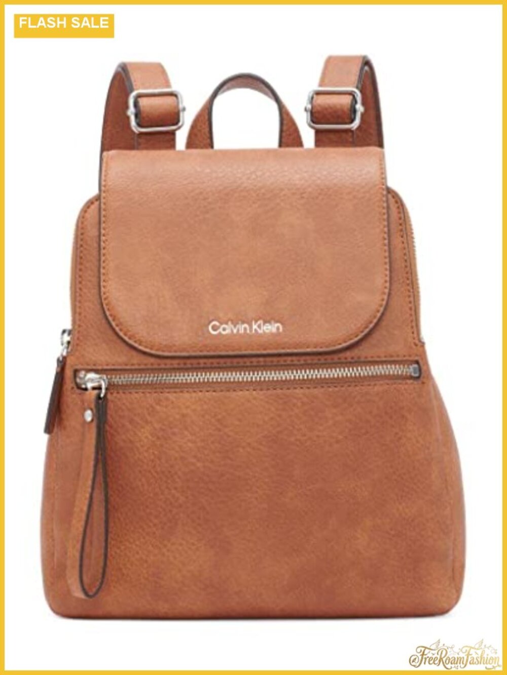 Vegan Leather Flap Backpack with Glitter, Bottle Holder, 2 Pockets